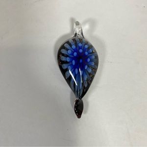 Art Glass Pendant Blue Fused Style Flower Look Teardrop Shaped Jewelry Accessory